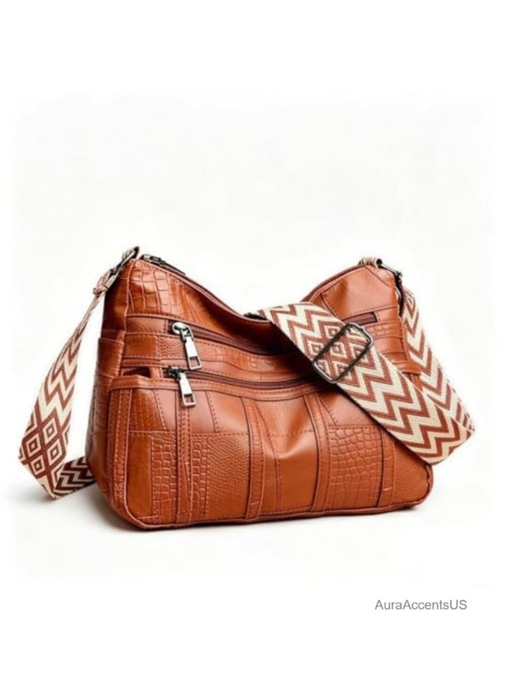 Wide Strap Crossbody Bag Faux Leather Multi Pocket Zipper Shoulder Purse